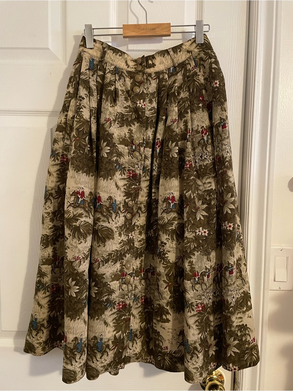 Vintage Viscose Olive Green Floral A-Line Midi Skirt with Button Front Size XS